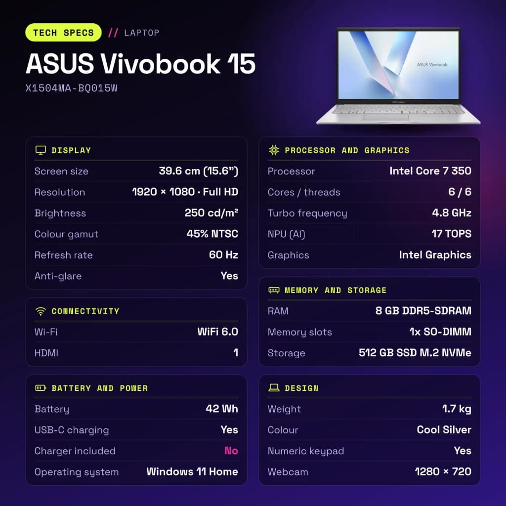 Portátil ASUS Vivobook 15 8GB/512GB 15.6 polegadas Full HD Intel Core 7 350 SSD Windows 11 Home Prata X1504MA-BQ015W