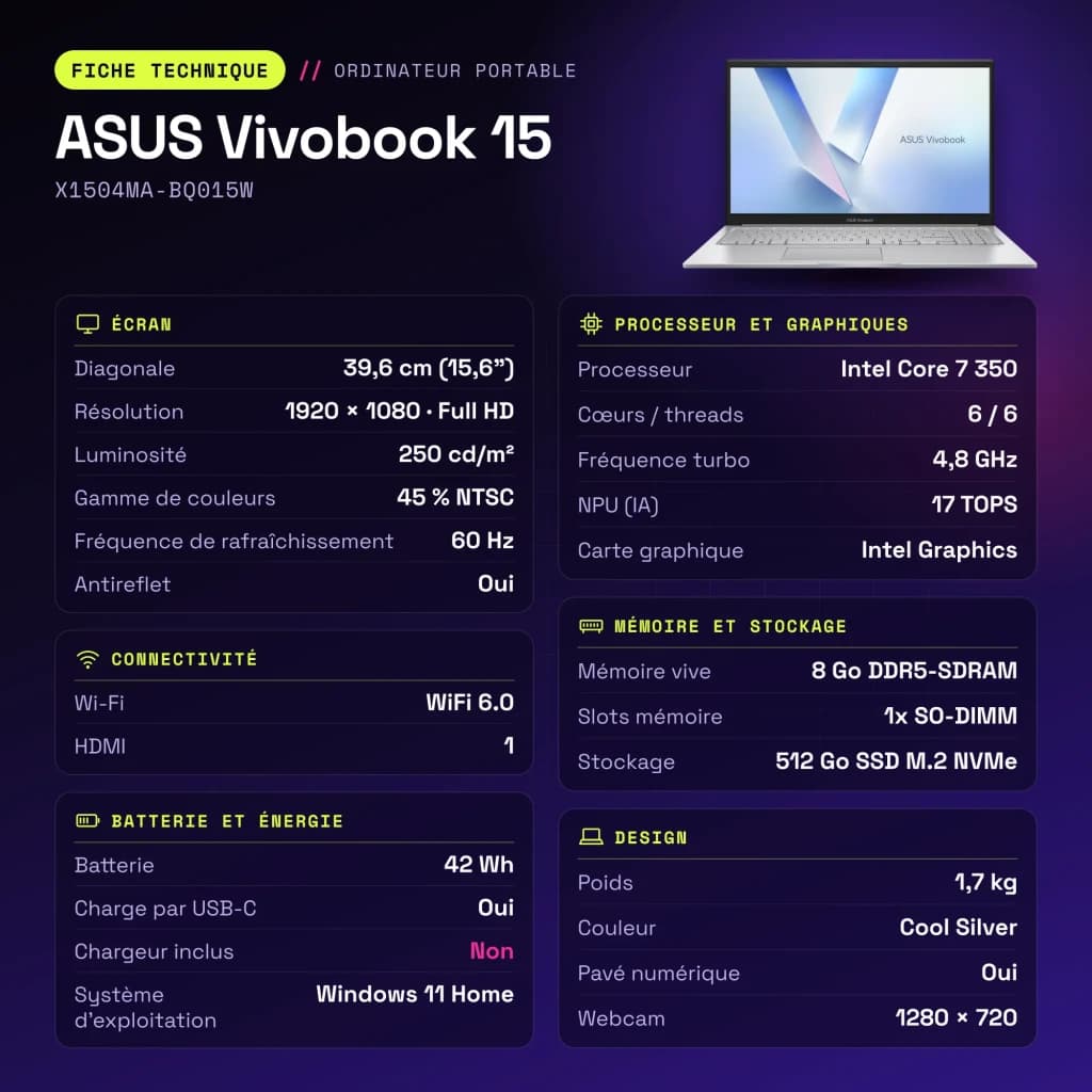 Portátil ASUS Vivobook 15 8GB/512GB 15.6 polegadas Full HD Intel Core 7 350 SSD Windows 11 Home Prata X1504MA-BQ015W