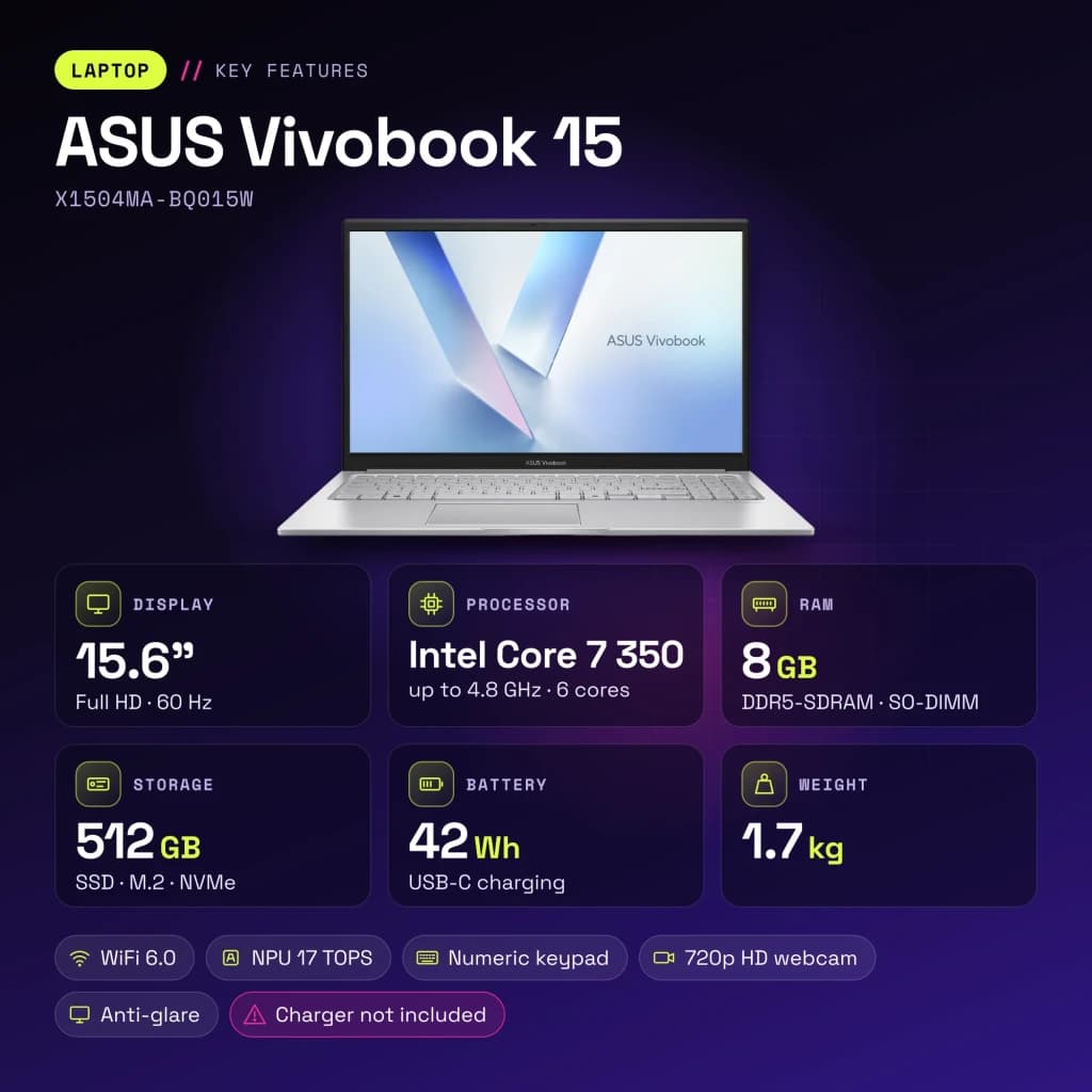 Portátil ASUS Vivobook 15 8GB/512GB 15.6 polegadas Full HD Intel Core 7 350 SSD Windows 11 Home Prata X1504MA-BQ015W - 1,7 kg