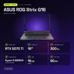 Portátil Gaming ASUS ROG Strix G16 16GB/1TB RTX 5070 Ti 16 pulgadas WQXGA AMD Ryzen 9 9955HX SSD Sin sistema operativo Gris