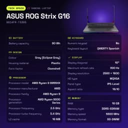 Portátil Gaming ASUS ROG Strix G16 16GB/1TB RTX 5070 Ti 16 pulgadas WQXGA AMD Ryzen 9 9955HX SSD Sin sistema operativo Gris