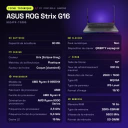 Portátil Gaming ASUS ROG Strix G16 16GB/1TB RTX 5070 Ti 16 pulgadas WQXGA AMD Ryzen 9 9955HX SSD Sin sistema operativo Gris