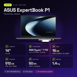 Portátil ASUS ExpertBook P1 16GB/512GB 14 pulgadas Full HD AMD Ryzen 7 170 SSD Sin Sistema Operativo Gris PM1403CDA-S60406