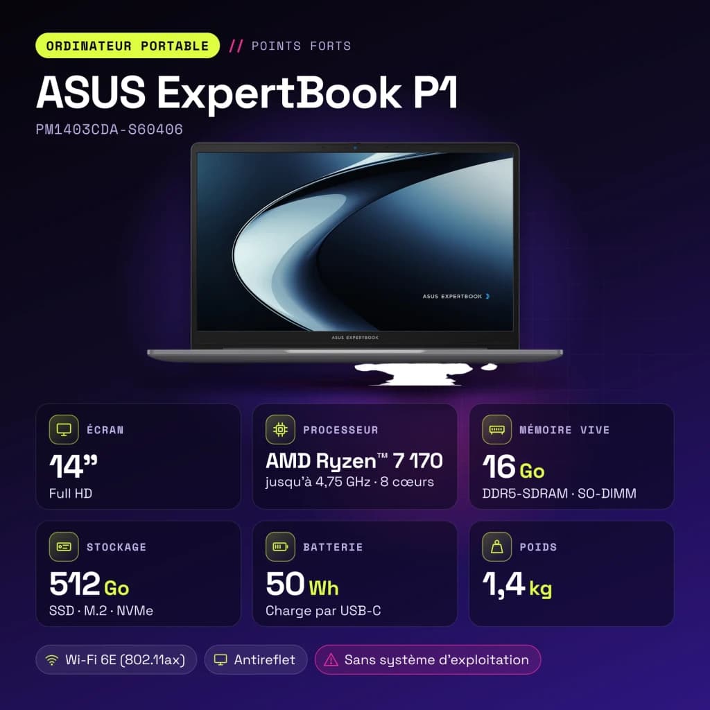 Portátil ASUS ExpertBook P1 16GB/512GB 14 pulgadas Full HD AMD Ryzen 7 170 SSD Sin Sistema Operativo Gris PM1403CDA-S60406
