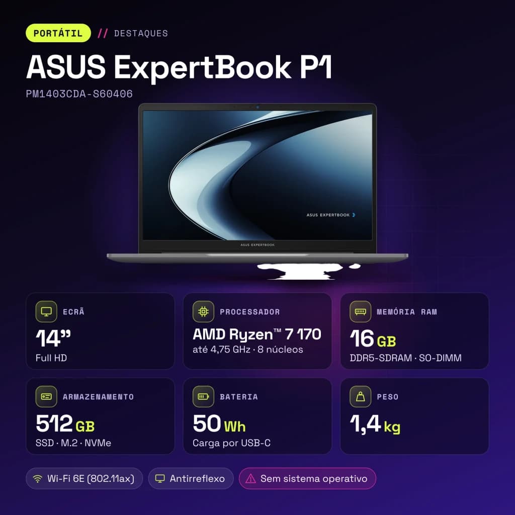 Portátil ASUS ExpertBook P1 16GB/512GB 14 pulgadas Full HD AMD Ryzen 7 170 SSD Sin Sistema Operativo Gris PM1403CDA-S60406
