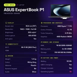 Portátil ASUS ExpertBook P1 16GB/512GB 14 pulgadas Full HD AMD Ryzen 7 170 SSD Sin Sistema Operativo Gris PM1403CDA-S60406