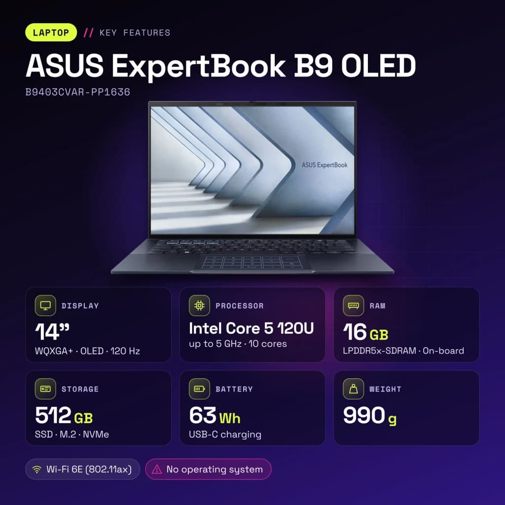 Portátil ASUS ExpertBook B9 OLED 16GB/512GB 14 polegadas Intel Core 5 120U SSD Sem Sistema Operativo Preto B9403CVAR-PP1636