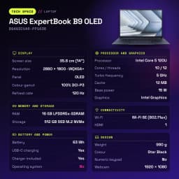 Portátil ASUS ExpertBook B9 OLED 16GB/512GB 14 polegadas Intel Core 5 120U SSD Sem Sistema Operativo Preto B9403CVAR-PP1636