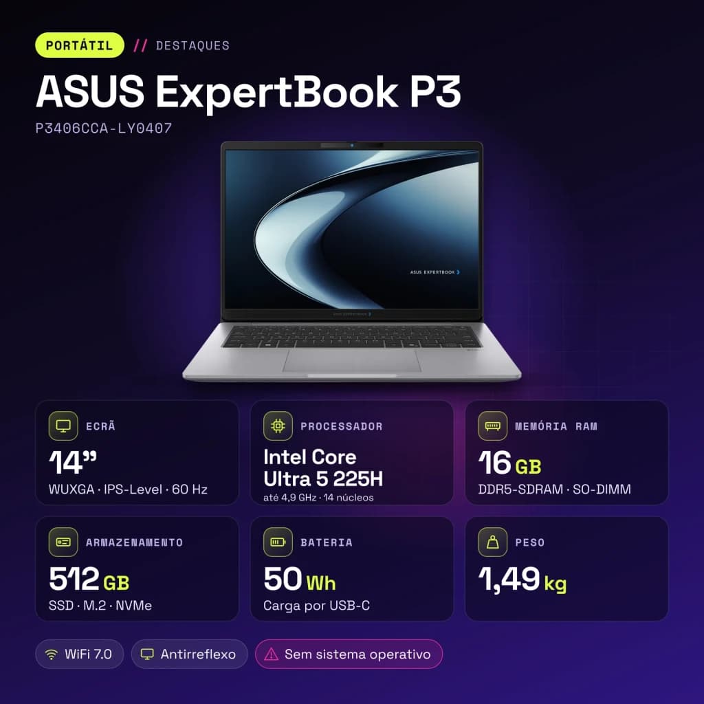 Portátil ASUS ExpertBook P3 16GB/512GB 14 polegadas WUXGA Intel Core Ultra 5 225H SSD Sem Sistema Operativo Cinzento