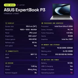 Portátil ASUS ExpertBook P3 16GB/512GB 14 polegadas WUXGA Intel Core Ultra 5 225H SSD Sem Sistema Operativo Cinzento