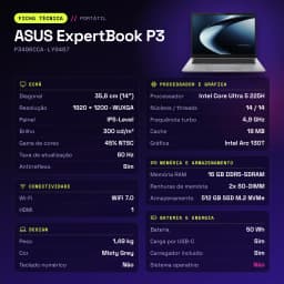 Portátil ASUS ExpertBook P3 16GB/512GB 14 polegadas WUXGA Intel Core Ultra 5 225H SSD Sem Sistema Operativo Cinzento