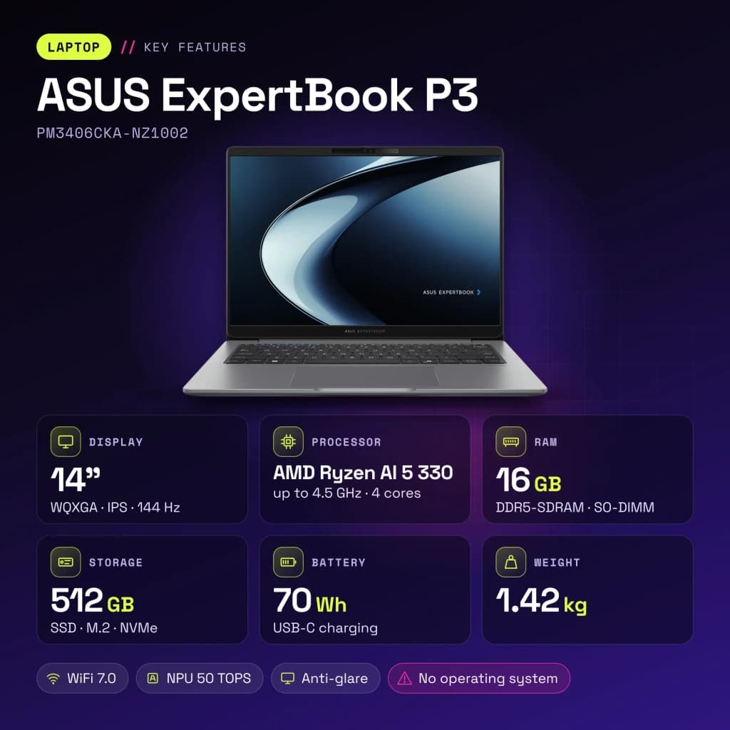 Portátil ASUS ExpertBook P3 16GB/512GB 14 polegadas WQXGA AMD Ryzen AI 5 330 SSD Sem Sistema Operativo Cinzento - 16 GB