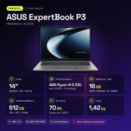 Portátil ASUS ExpertBook P3 16GB/512GB 14 polegadas WQXGA AMD Ryzen AI 5 330 SSD Sem Sistema Operativo Cinzento - 512 GB