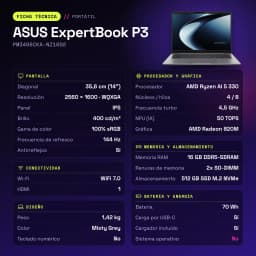 Portátil ASUS ExpertBook P3 16GB/512GB 14 polegadas WQXGA AMD Ryzen AI 5 330 SSD Sem Sistema Operativo Cinzento - WiFi 7.0