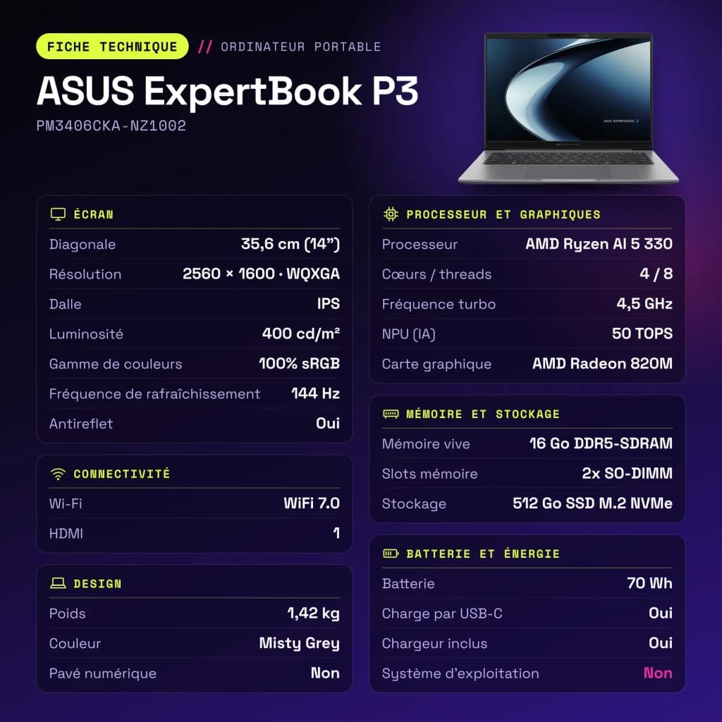 Portátil ASUS ExpertBook P3 16GB/512GB 14 polegadas WQXGA AMD Ryzen AI 5 330 SSD Sem Sistema Operativo Cinzento - 70 Wh