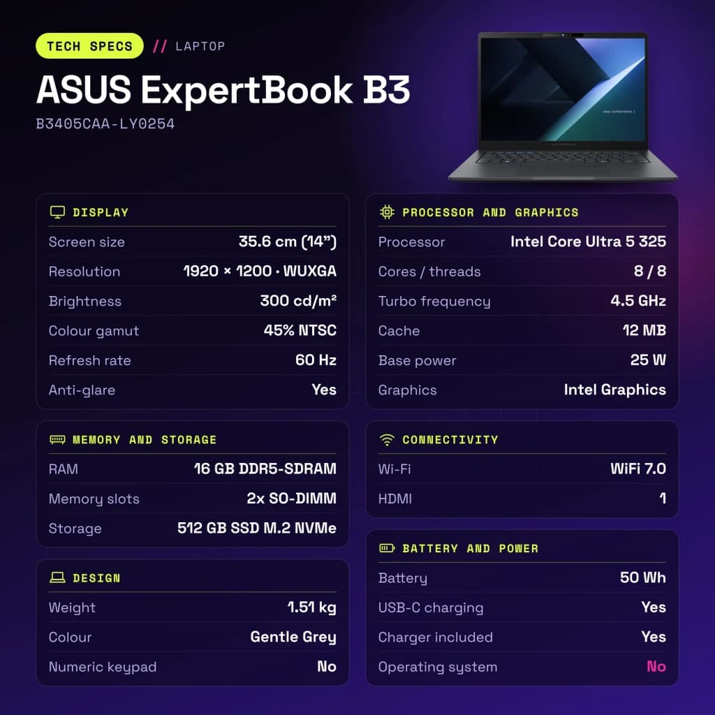 Portátil ASUS ExpertBook B3 16GB/512GB 14 polegadas WUXGA Intel Core Ultra 5 325 SSD Sem Sistema Operativo Cinzento