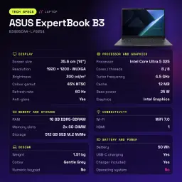 Portátil ASUS ExpertBook B3 16GB/512GB 14 polegadas WUXGA Intel Core Ultra 5 325 SSD Sem Sistema Operativo Cinzento