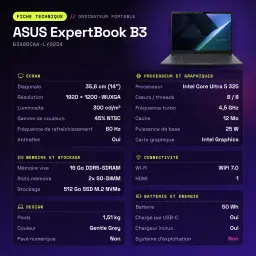 Portátil ASUS ExpertBook B3 16GB/512GB 14 polegadas WUXGA Intel Core Ultra 5 325 SSD Sem Sistema Operativo Cinzento