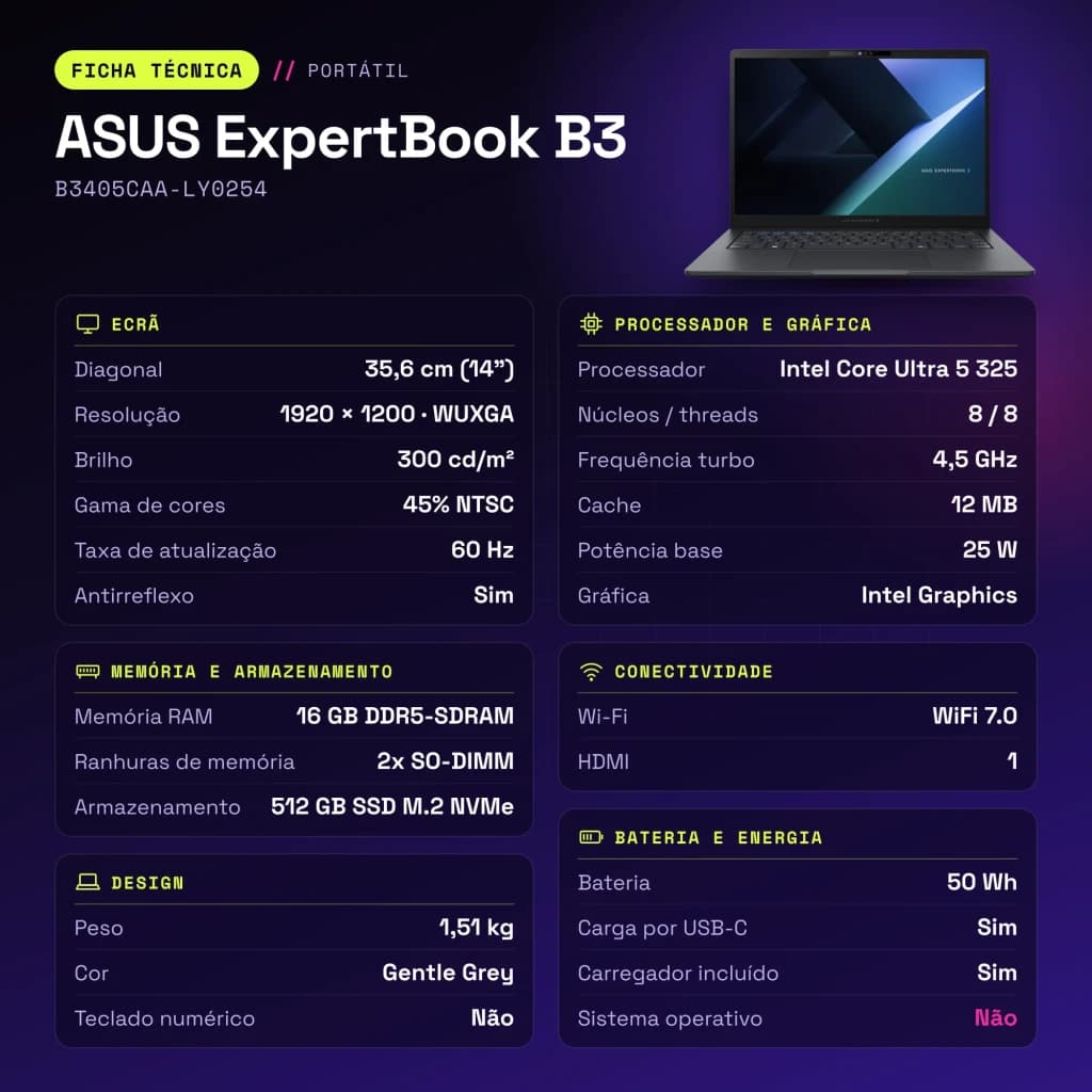 Portátil ASUS ExpertBook B3 16GB/512GB 14 polegadas WUXGA Intel Core Ultra 5 325 SSD Sem Sistema Operativo Cinzento