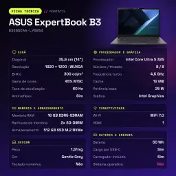 Portátil ASUS ExpertBook B3 16GB/512GB 14 polegadas WUXGA Intel Core Ultra 5 325 SSD Sem Sistema Operativo Cinzento