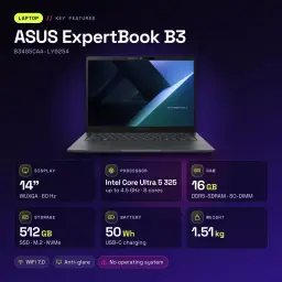 Portátil ASUS ExpertBook B3 16GB/512GB 14 polegadas WUXGA Intel Core Ultra 5 325 SSD Sem Sistema Operativo Cinzento - 512 GB