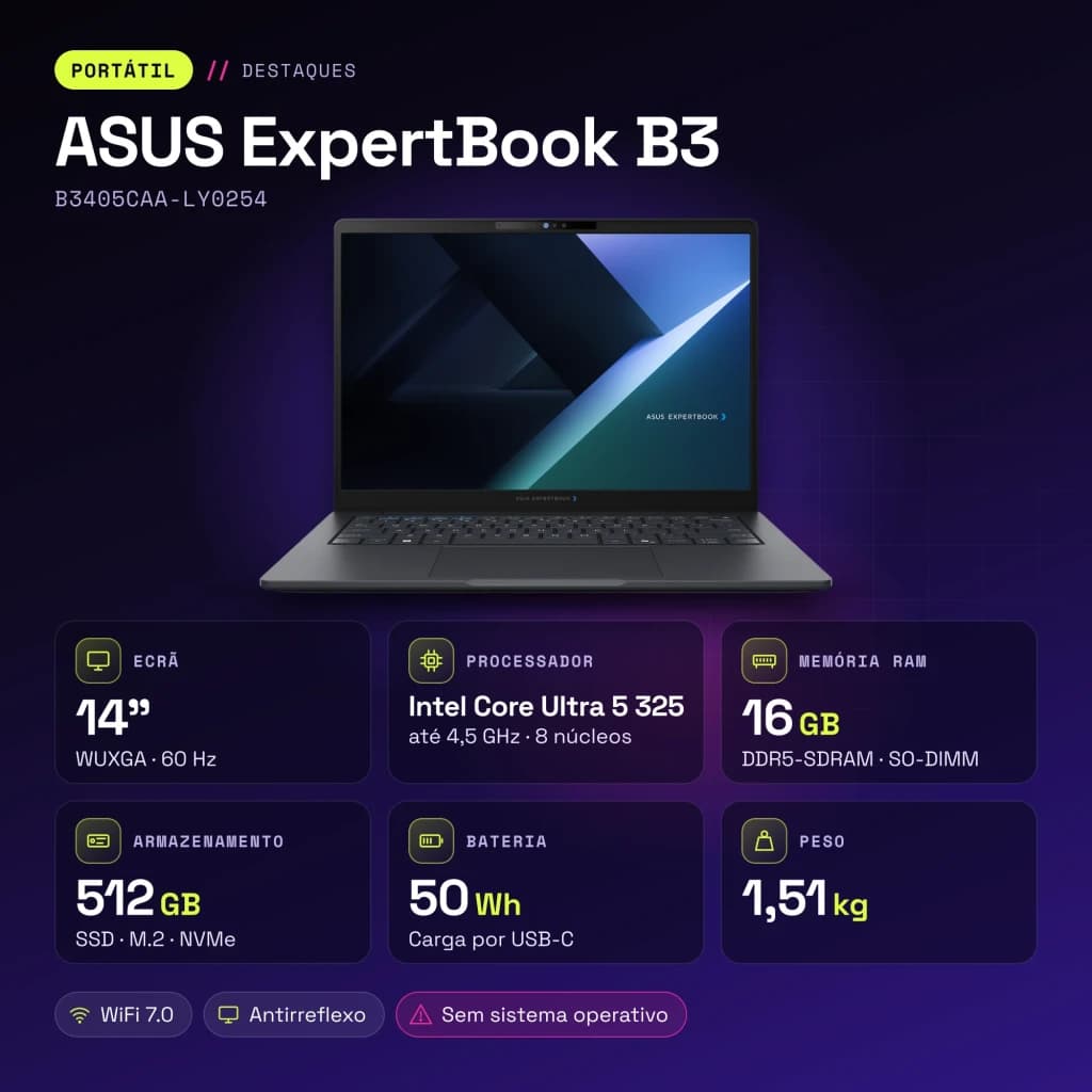 Portátil ASUS ExpertBook B3 16GB/512GB 14 polegadas WUXGA Intel Core Ultra 5 325 SSD Sem Sistema Operativo Cinzento - 1,51 kg