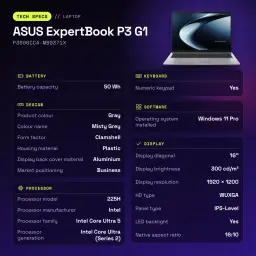 Portátil ASUS ExpertBook P3 G1 16GB/512GB 16 polegadas WUXGA Intel Core Ultra 5 225H SSD Windows 11 Pro Cinzento - 16 GB
