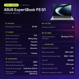 Portátil ASUS ExpertBook P3 G1 16GB/512GB 16 polegadas WUXGA Intel Core Ultra 5 225H SSD Windows 11 Pro Cinzento - 6 MB