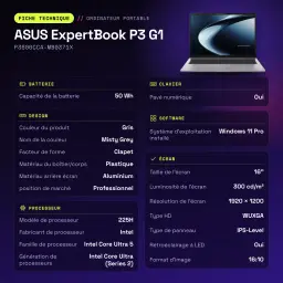 Portátil ASUS ExpertBook P3 G1 16GB/512GB 16 polegadas WUXGA Intel Core Ultra 5 225H SSD Windows 11 Pro Cinzento - 64 GB
