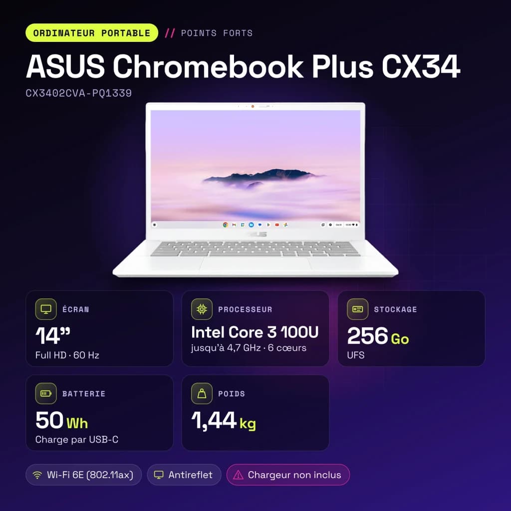 Portable ASUS Chromebook Plus CX34 8 Go/256 Go 14 pouces Full HD Intel Core 3 100U UFS Blanc Nacré CX3402CVA-PQ1339 - 256 GB