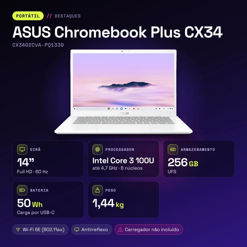 Portable ASUS Chromebook Plus CX34 8 Go/256 Go 14 pouces Full HD Intel Core 3 100U UFS Blanc Nacré CX3402CVA-PQ1339 - WiFi 6E