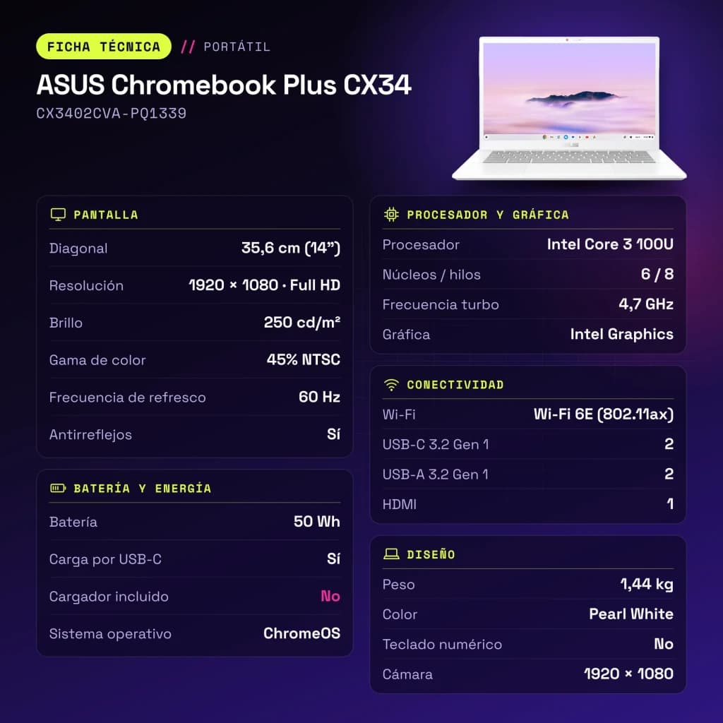 Portable ASUS Chromebook Plus CX34 8 Go/256 Go 14 pouces Full HD Intel Core 3 100U UFS Blanc Nacré CX3402CVA-PQ1339 - 50 Wh