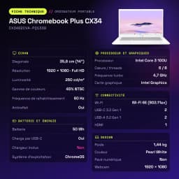 Portable ASUS Chromebook Plus CX34 8 Go/256 Go 14 pouces Full HD Intel Core 3 100U UFS Blanc Nacré CX3402CVA-PQ1339 - 18,7 mm