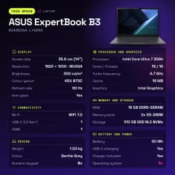 Portable ASUS ExpertBook B3 16 Go/512 Go 14 pouces WUXGA Intel Core Ultra 7 356H SSD Sans Système d'Exploitation Gris