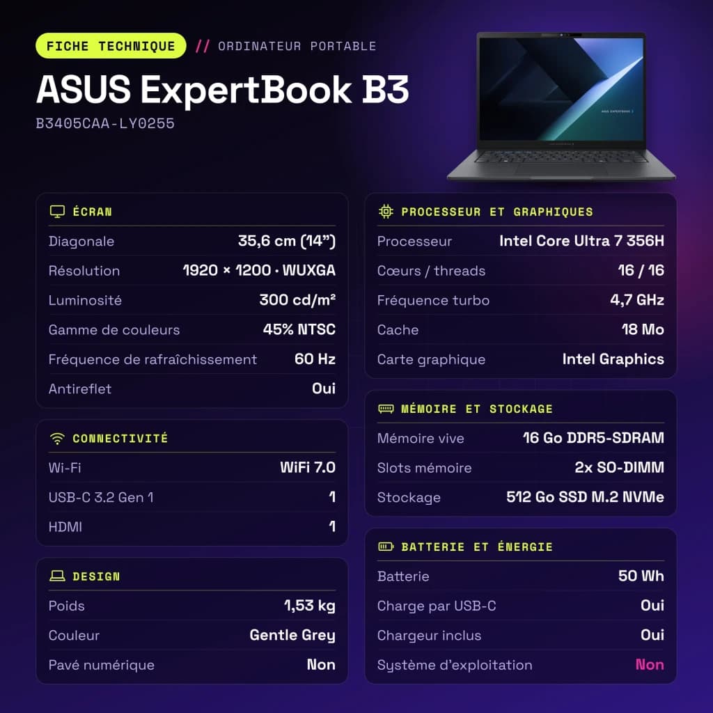 Portable ASUS ExpertBook B3 16 Go/512 Go 14 pouces WUXGA Intel Core Ultra 7 356H SSD Sans Système d'Exploitation Gris