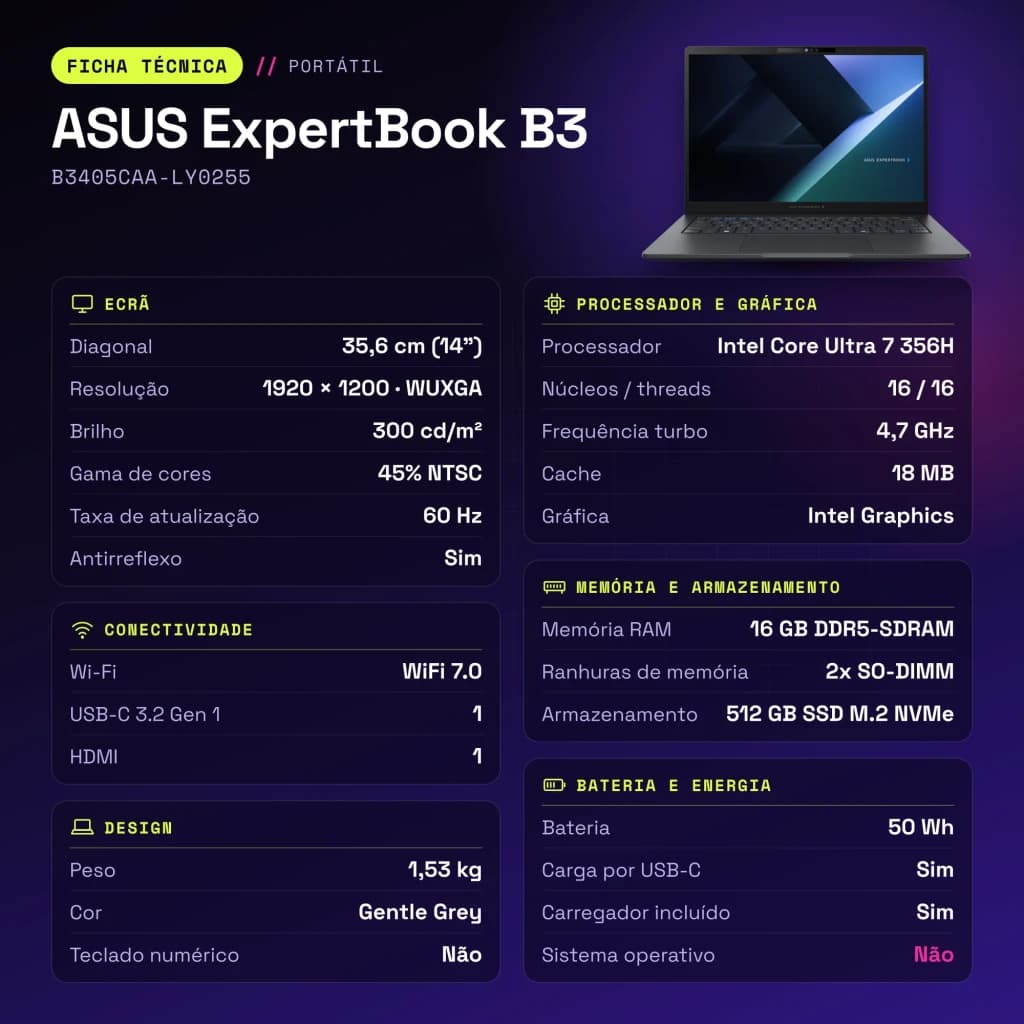 Portable ASUS ExpertBook B3 16 Go/512 Go 14 pouces WUXGA Intel Core Ultra 7 356H SSD Sans Système d'Exploitation Gris