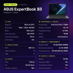 Portable ASUS ExpertBook B3 16 Go/512 Go 14 pouces WUXGA Intel Core Ultra 7 356H SSD Sans Système d'Exploitation Gris