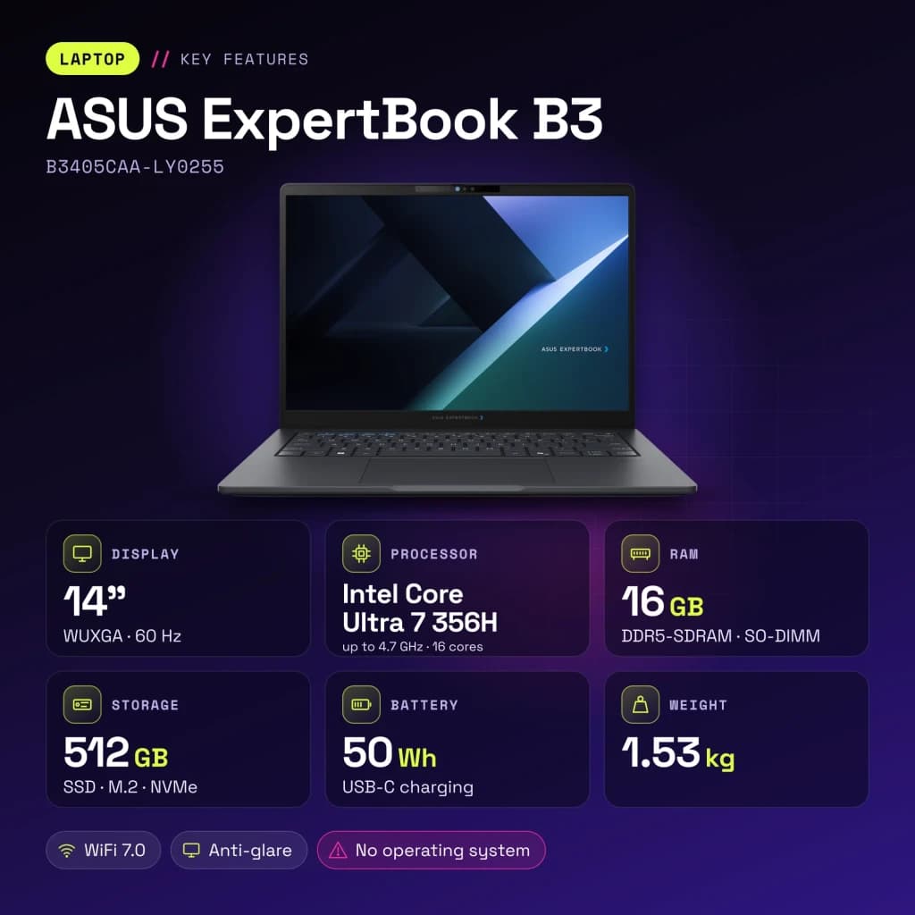 Portable ASUS ExpertBook B3 16 Go/512 Go 14 pouces WUXGA Intel Core Ultra 7 356H SSD Sans Système d'Exploitation Gris