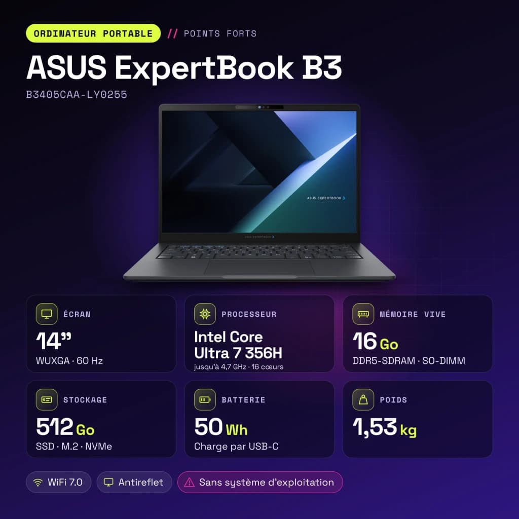 Portable ASUS ExpertBook B3 16 Go/512 Go 14 pouces WUXGA Intel Core Ultra 7 356H SSD Sans Système d'Exploitation Gris