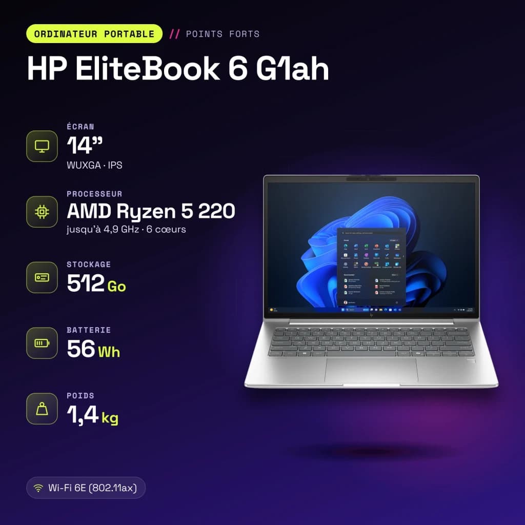 PC portable HP EliteBook 6 G1ah 16 Go/512 Go 14 pouces WUXGA AMD Ryzen 5 220 SSD Windows 11 Pro Argent - 3,2 GHz