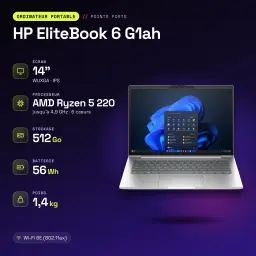 PC portable HP EliteBook 6 G1ah 16 Go/512 Go 14 pouces WUXGA AMD Ryzen 5 220 SSD Windows 11 Pro Argent - 3,2 GHz
