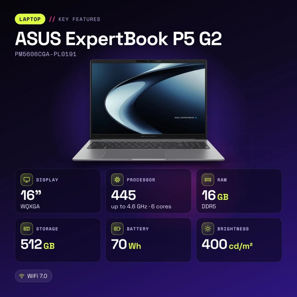 Portable ASUS ExpertBook P5 G2 16Go/512Go 16 pouces WQXGA AMD Ryzen AI 7 445 SSD Sans Système d'Exploitation Gris - 8 MB