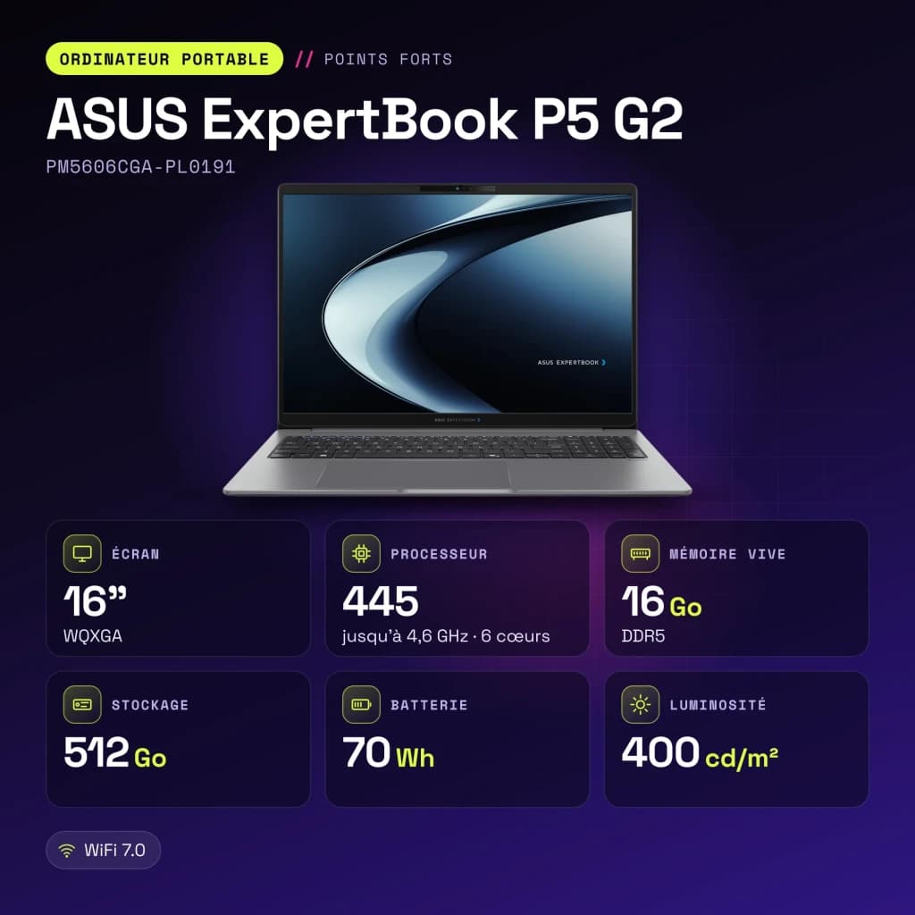 Portable ASUS ExpertBook P5 G2 16Go/512Go 16 pouces WQXGA AMD Ryzen AI 7 445 SSD Sans Système d'Exploitation Gris - 16 GB