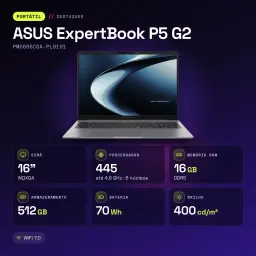 Portable ASUS ExpertBook P5 G2 16Go/512Go 16 pouces WQXGA AMD Ryzen AI 7 445 SSD Sans Système d'Exploitation Gris - 64 GB