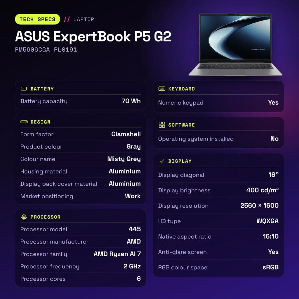 Portable ASUS ExpertBook P5 G2 16Go/512Go 16 pouces WQXGA AMD Ryzen AI 7 445 SSD Sans Système d'Exploitation Gris - 512 GB