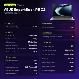Portable ASUS ExpertBook P5 G2 16Go/512Go 16 pouces WQXGA AMD Ryzen AI 7 445 SSD Sans Système d'Exploitation Gris - 512 GB