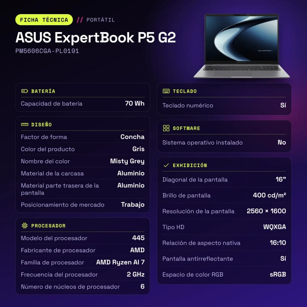 Portable ASUS ExpertBook P5 G2 16Go/512Go 16 pouces WQXGA AMD Ryzen AI 7 445 SSD Sans Système d'Exploitation Gris - 1 x 16 GB