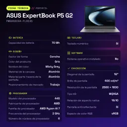 Portable ASUS ExpertBook P5 G2 16Go/512Go 16 pouces WQXGA AMD Ryzen AI 7 445 SSD Sans Système d'Exploitation Gris - 1 x 16 GB