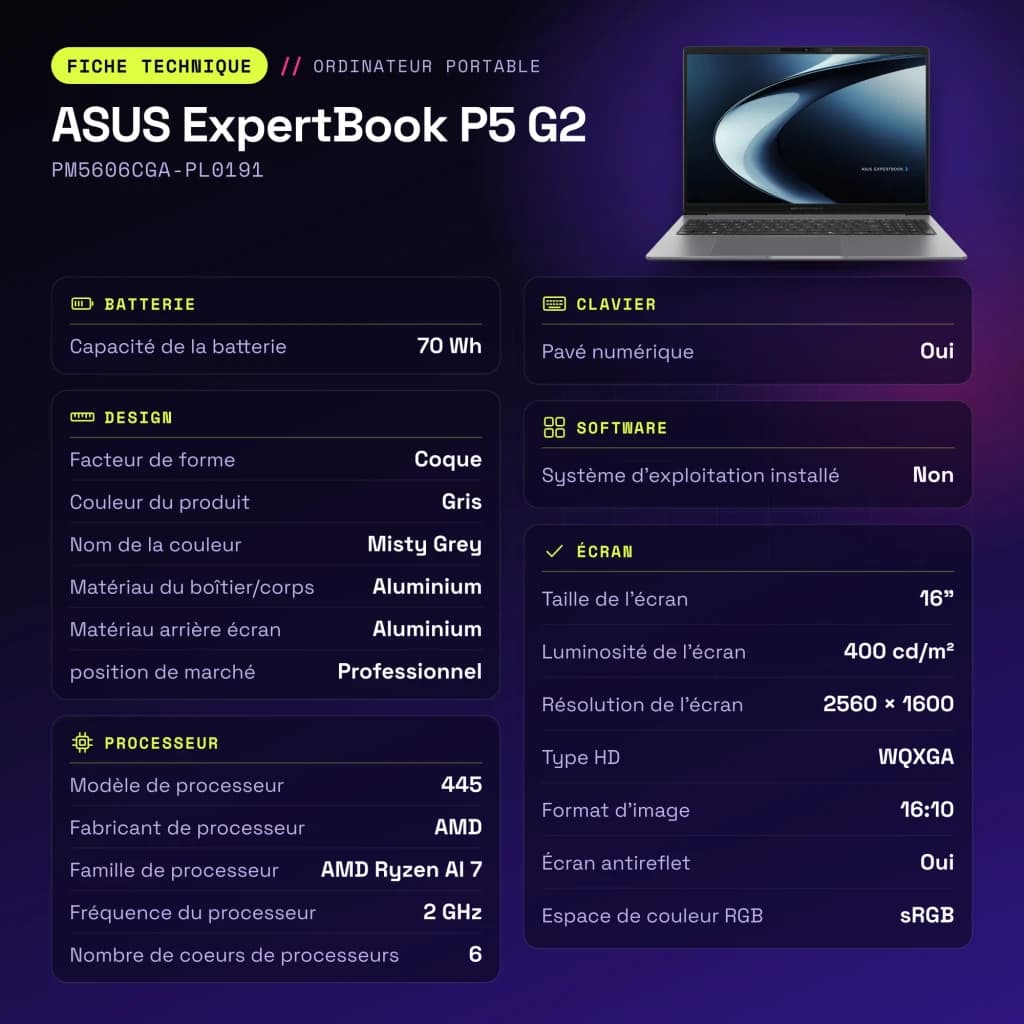 Portable ASUS ExpertBook P5 G2 16Go/512Go 16 pouces WQXGA AMD Ryzen AI 7 445 SSD Sans Système d'Exploitation Gris - WiFi 7.0