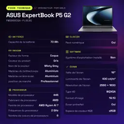 Portable ASUS ExpertBook P5 G2 16Go/512Go 16 pouces WQXGA AMD Ryzen AI 7 445 SSD Sans Système d'Exploitation Gris - WiFi 7.0
